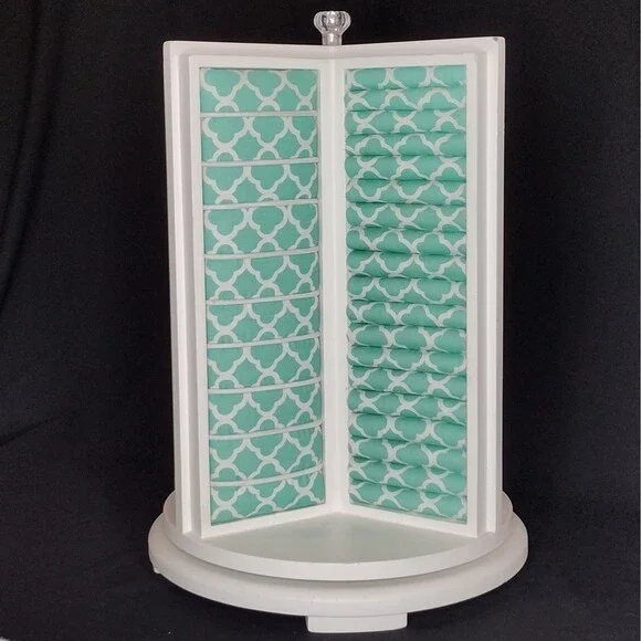 Pottery Barn Teen Rotating Spinning 3-sided White Teal Jewelry Organizer Box
